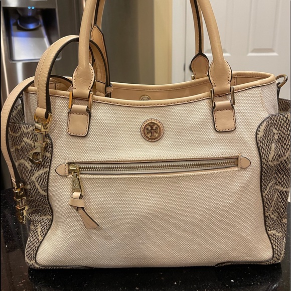TORY BURCH PYTHON SNAKESKIN LEATHER COLOR BLOCK W/CANVAS SHOULDER BAG HANDBAG - Picture 2 of 16